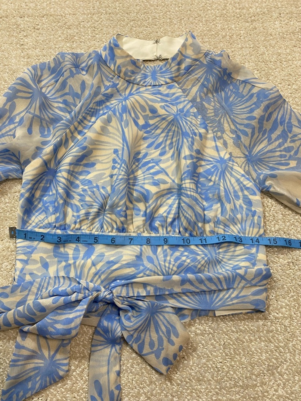 Amanda Uprichard Light Blue Floral Sheer Tie-Waist Crop Top Size S - Picture 11 of 16